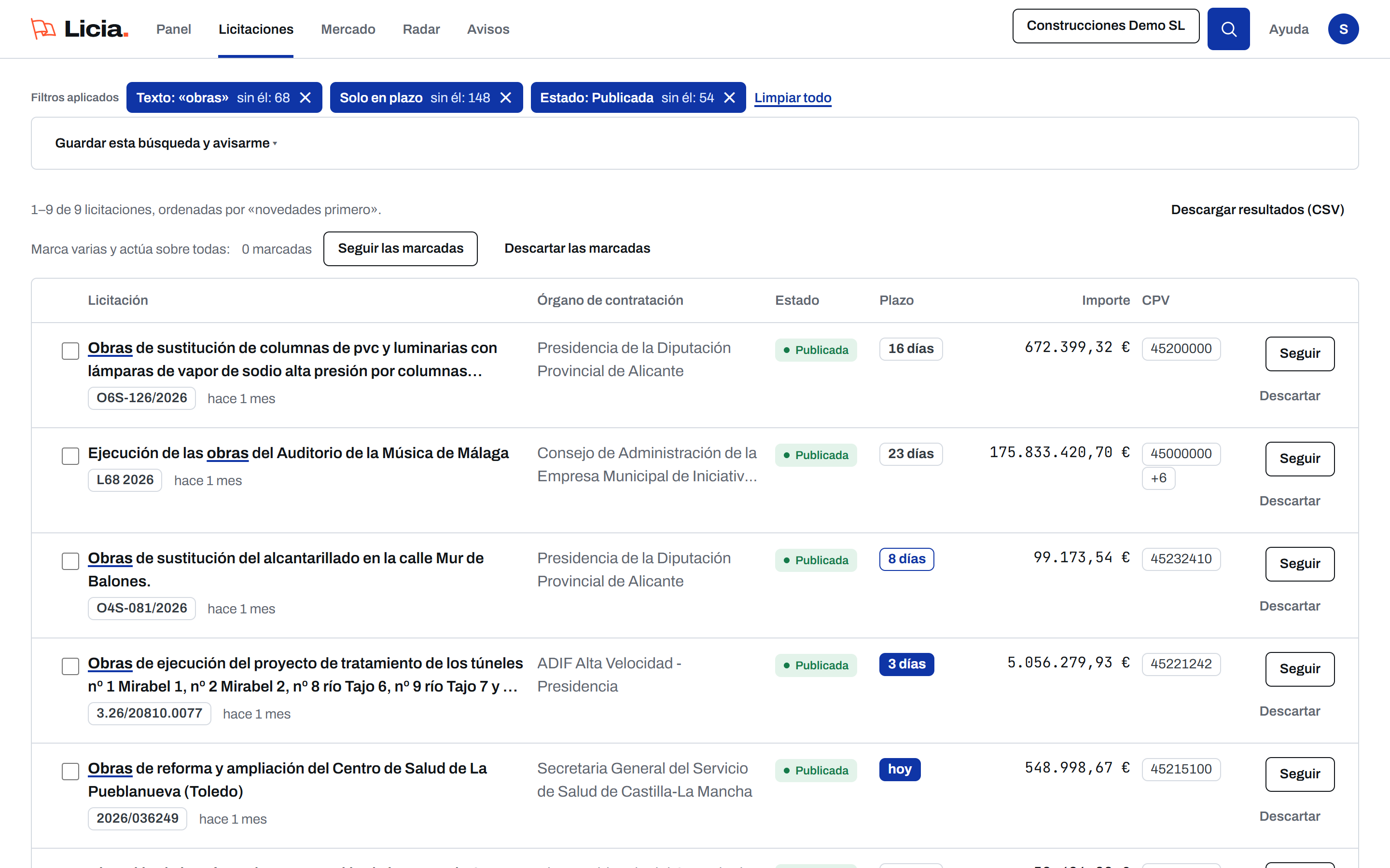 Captura real de Licia: buscador de licitaciones.